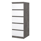 Naia Narrow Chest of 5 Drawers in Concrete and White High Gloss