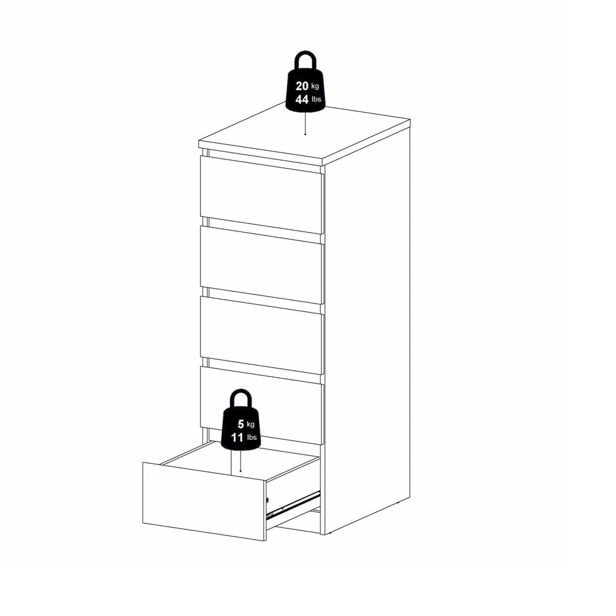 Naia Narrow Chest of 5 Drawers in White High Gloss