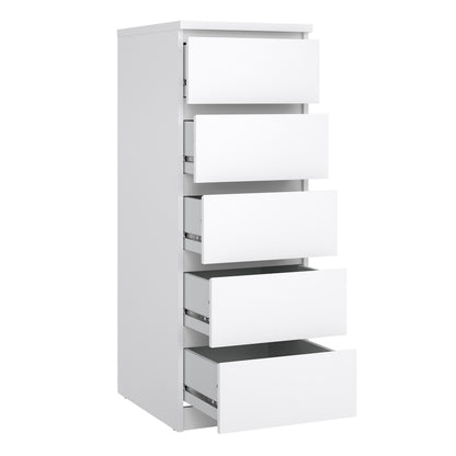 Naia Narrow Chest of 5 Drawers in White High Gloss