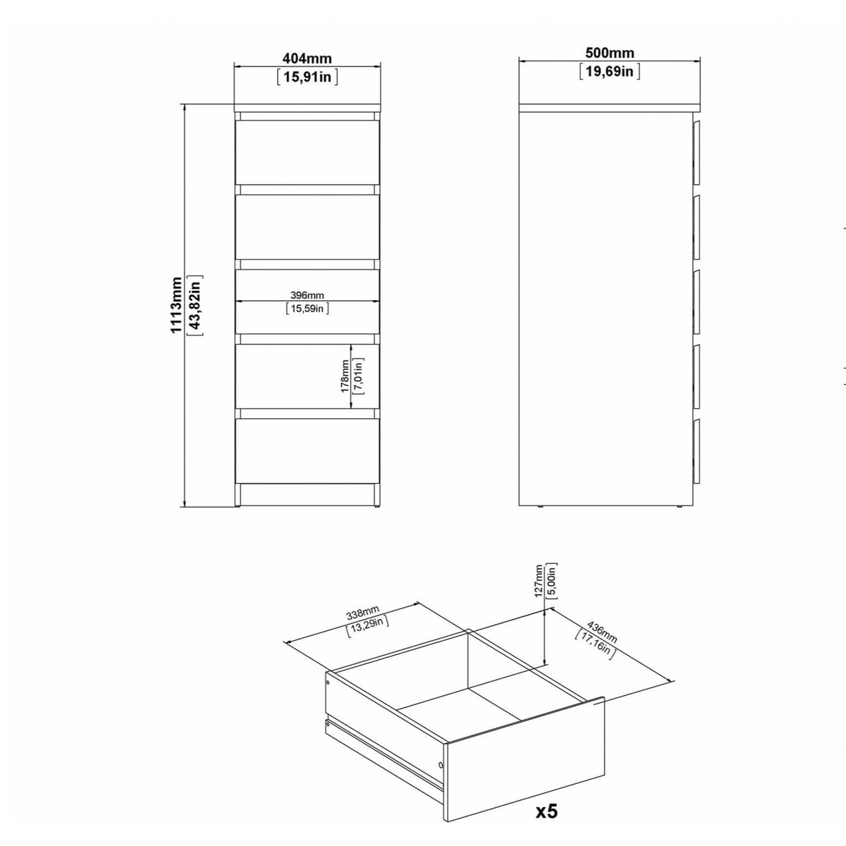 Naia Narrow Chest of 5 Drawers in White High Gloss