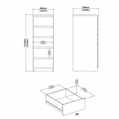 Naia Narrow Chest of 5 Drawers in White High Gloss