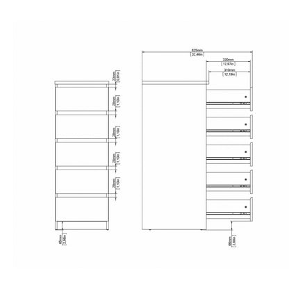 Naia Narrow Chest of 5 Drawers in White High Gloss
