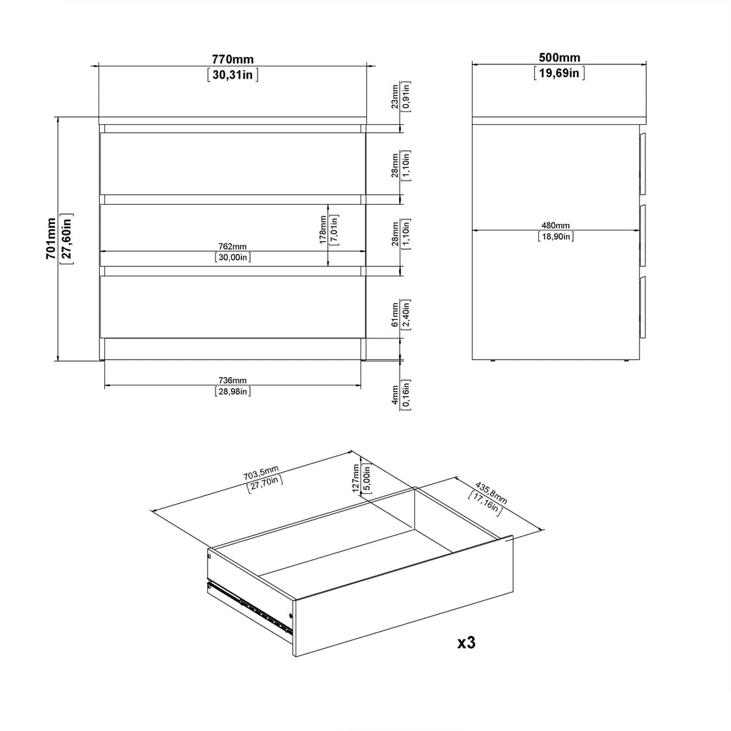Naia Chest of 3 Drawers in Concrete and White High Gloss