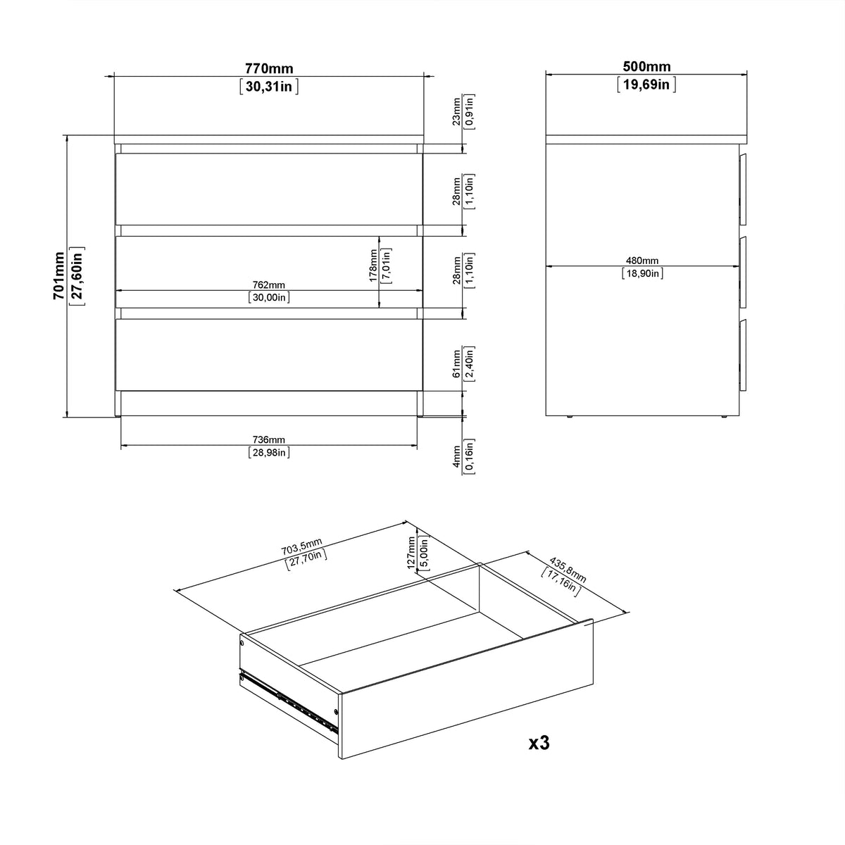 Naia Chest of 3 Drawers in White High Gloss