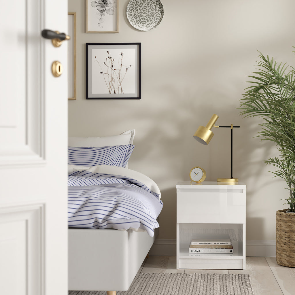 Naia Bedside 1 Drawer 1 Shelf in White High Gloss