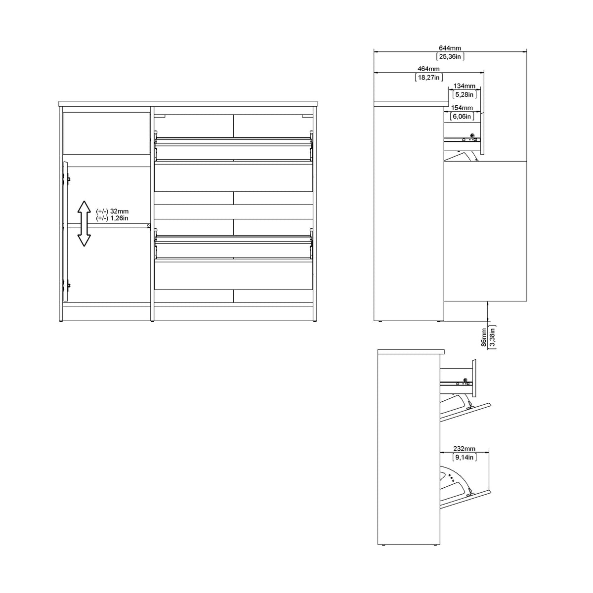 Naia Shoe Cabinet with 2 Flip Down Doors 1 Door and 1 Drawer in Black Matt