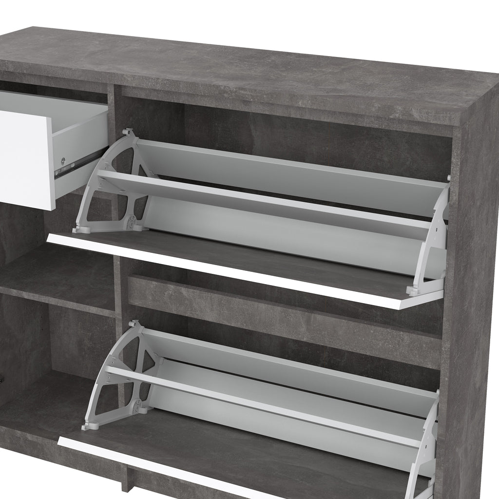 Naia Shoe Cabinet with 2 Flip Down Doors 1 Door and 1 Drawer in Concrete and White High Gloss