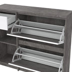 Naia Shoe Cabinet with 2 Flip Down Doors 1 Door and 1 Drawer in Concrete and White High Gloss