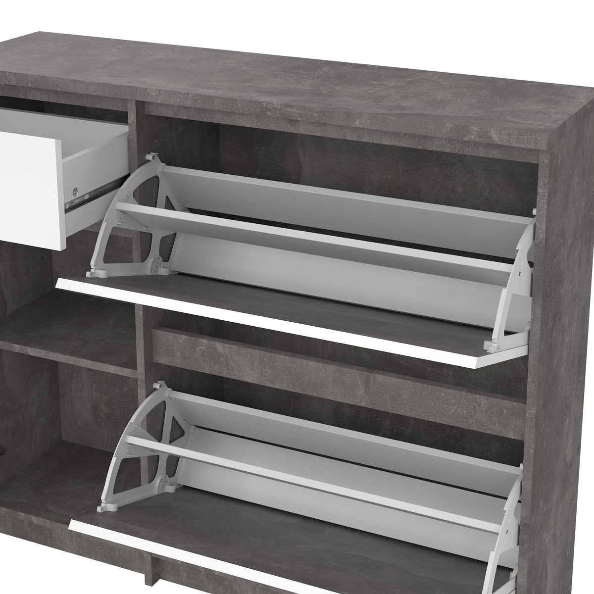 Naia Shoe Cabinet with 2 Flip Down Doors 1 Door and 1 Drawer in Concrete and White High Gloss