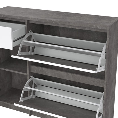 Naia Shoe Cabinet with 2 Flip Down Doors 1 Door and 1 Drawer in Concrete and White High Gloss