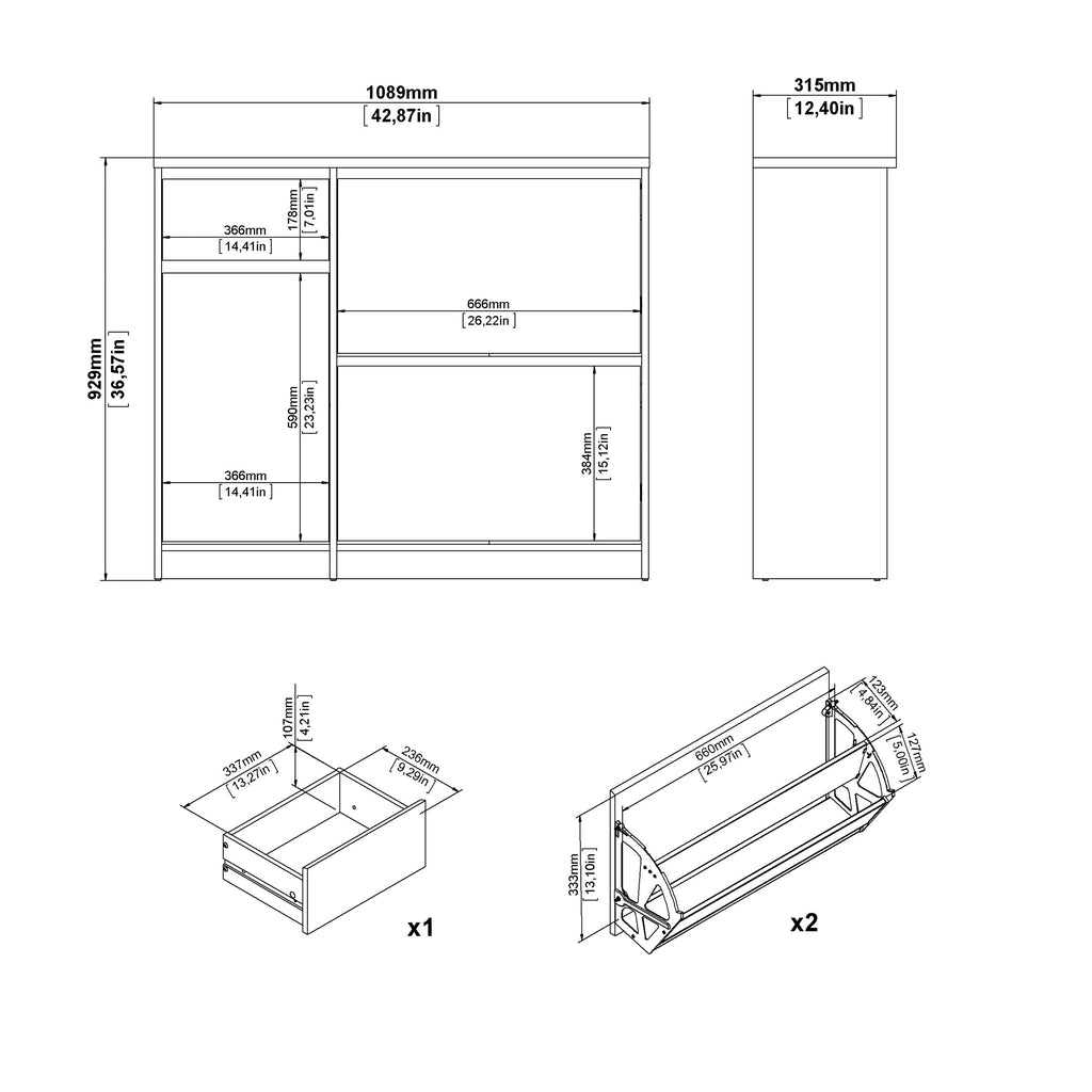 Naia Shoe Cabinet with 2 Flip Down Doors 1 Door and 1 Drawer in Concrete and White High Gloss