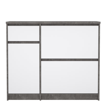Naia Shoe Cabinet with 2 Flip Down Doors 1 Door and 1 Drawer in Concrete and White High Gloss