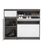 Naia Shoe Cabinet with 2 Flip Down Doors 1 Door and 1 Drawer in Concrete and White High Gloss