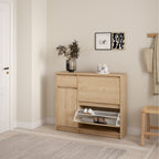 Naia Shoe Cabinet with 2 Flip Down Doors 1 Door and 1 Drawer in Jackson Hickory Oak