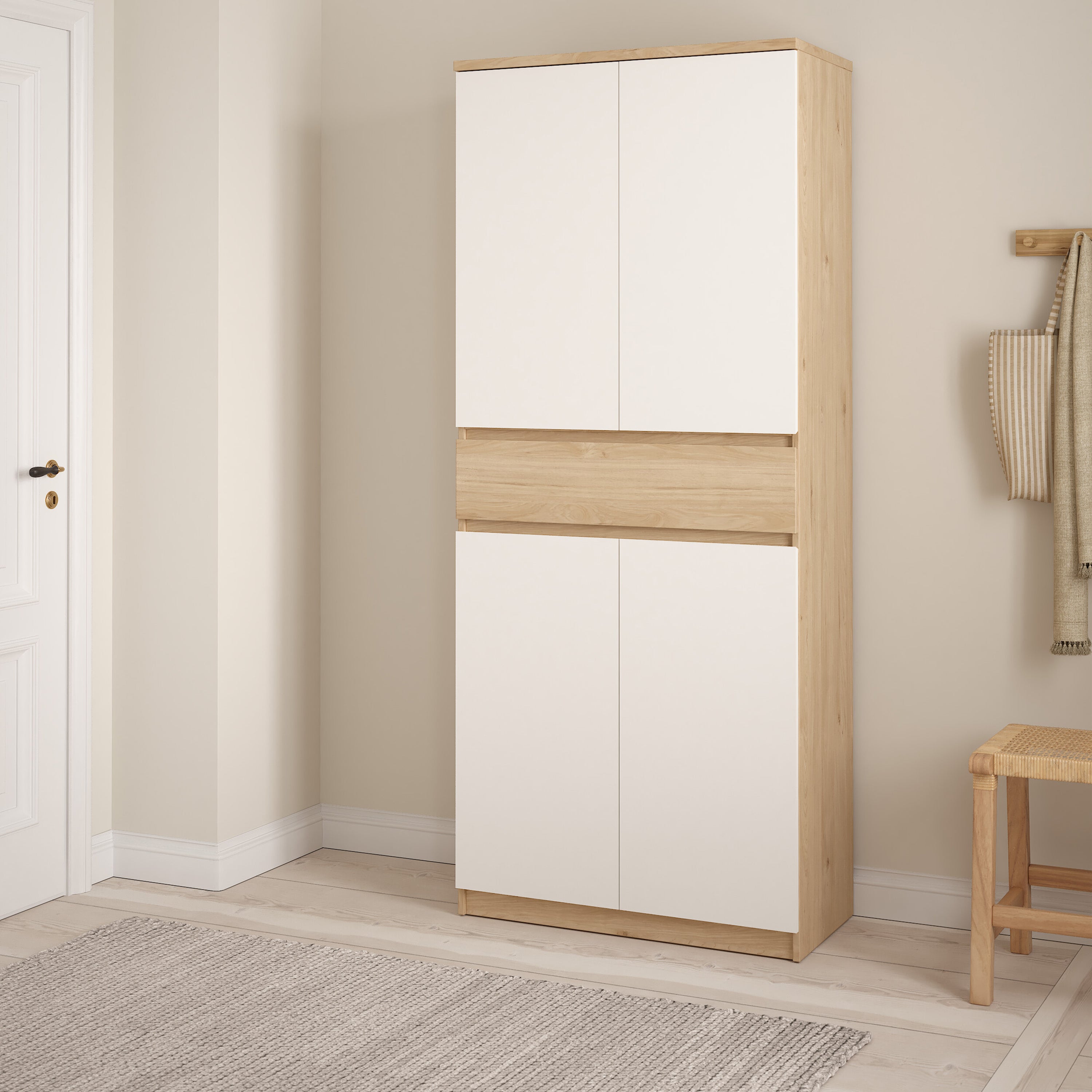 Naia Shoe Cabinet with 4 Doors 1 Drawer in Jackson Hickory Oak and White
