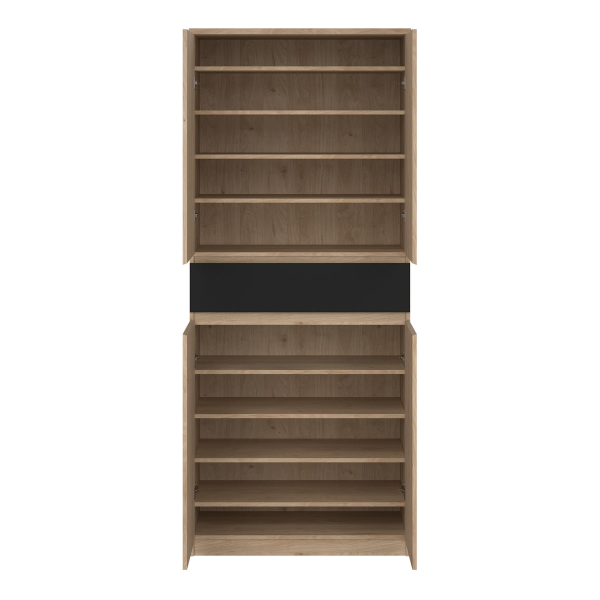 Naia Shoe Cabinet with 4 Doors 1 Drawer in Jackson Hickory Oak and Black