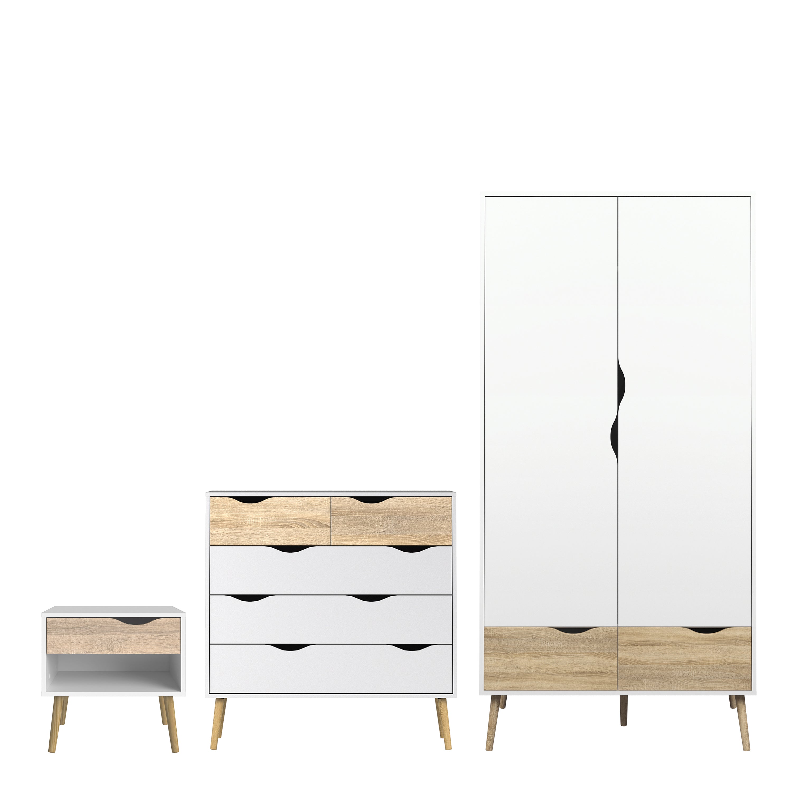 Oakley Trio - Bedside 1 Drawer + Chest of 5 Drawers (2+3) + Wardrobe 2 Doors 2 Drawers in White and Oak