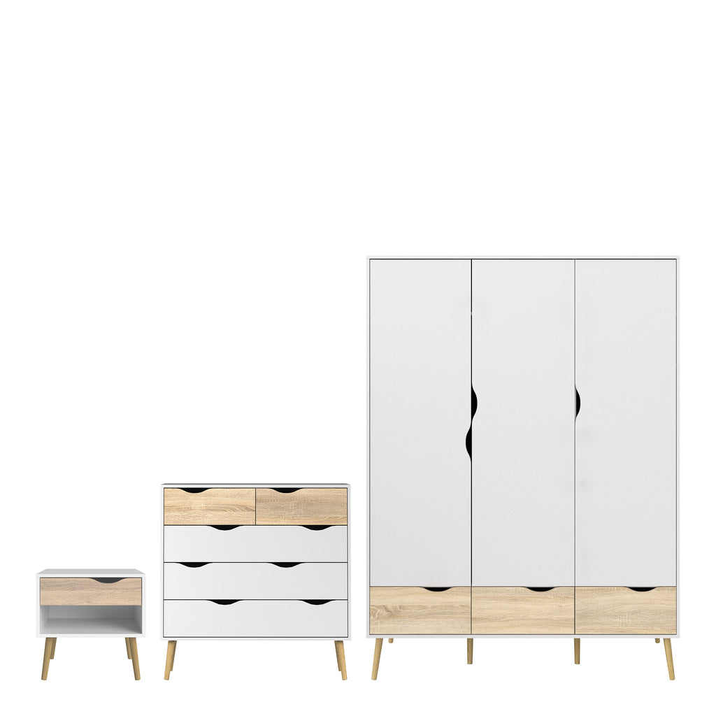 Oakley Trio - Bedside 1 Drawer + Chest of 5 Drawers (2+3) + Wardrobe 3 Doors 3 Drawers in White and Oak