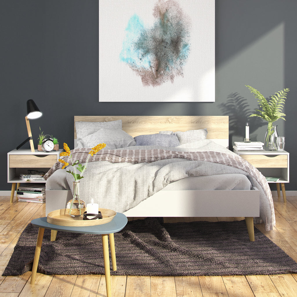 Oakley Trio - Bedside 1 Drawer + Chest of 5 Drawers (2+3) + Wardrobe 3 Doors 3 Drawers in White and Oak