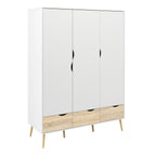 Oakley Trio - Bedside 1 Drawer + Chest of 5 Drawers (2+3) + Wardrobe 3 Doors 3 Drawers in White and Oak