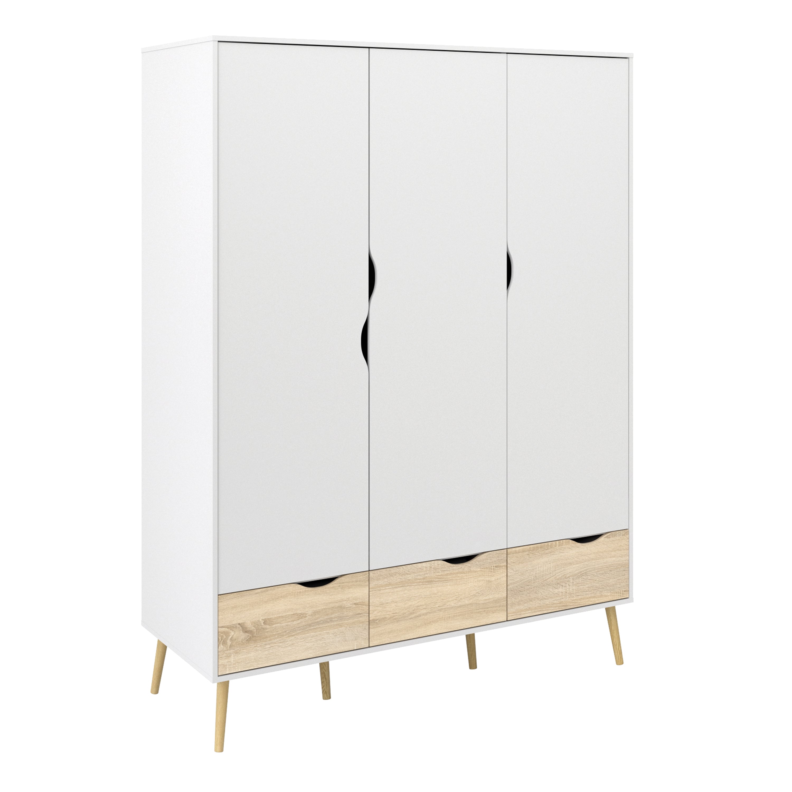 Oakley Trio - Bedside 1 Drawer + Chest of 5 Drawers (2+3) + Wardrobe 3 Doors 3 Drawers in White and Oak