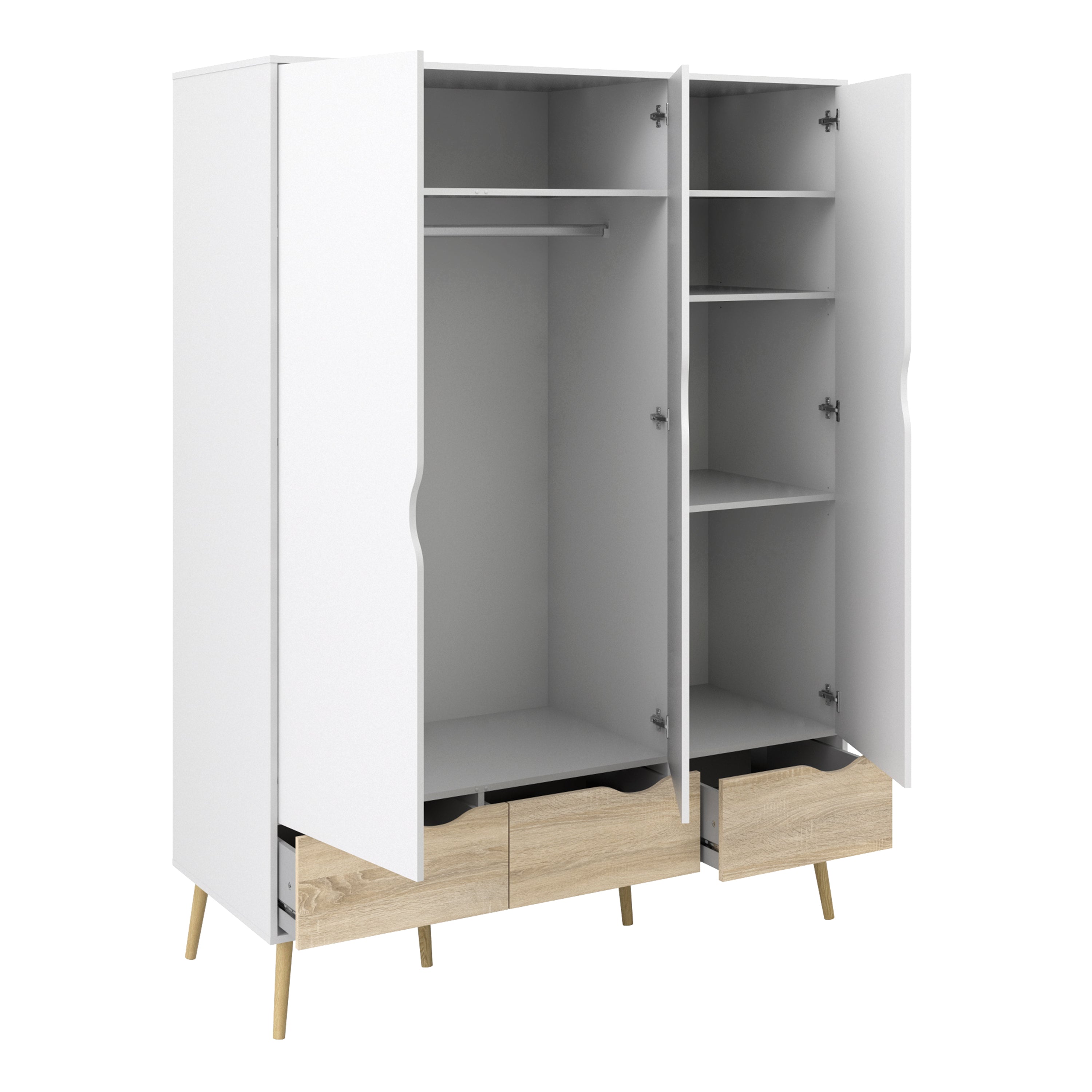 Oakley Trio - Bedside 1 Drawer + Chest of 5 Drawers (2+3) + Wardrobe 3 Doors 3 Drawers in White and Oak