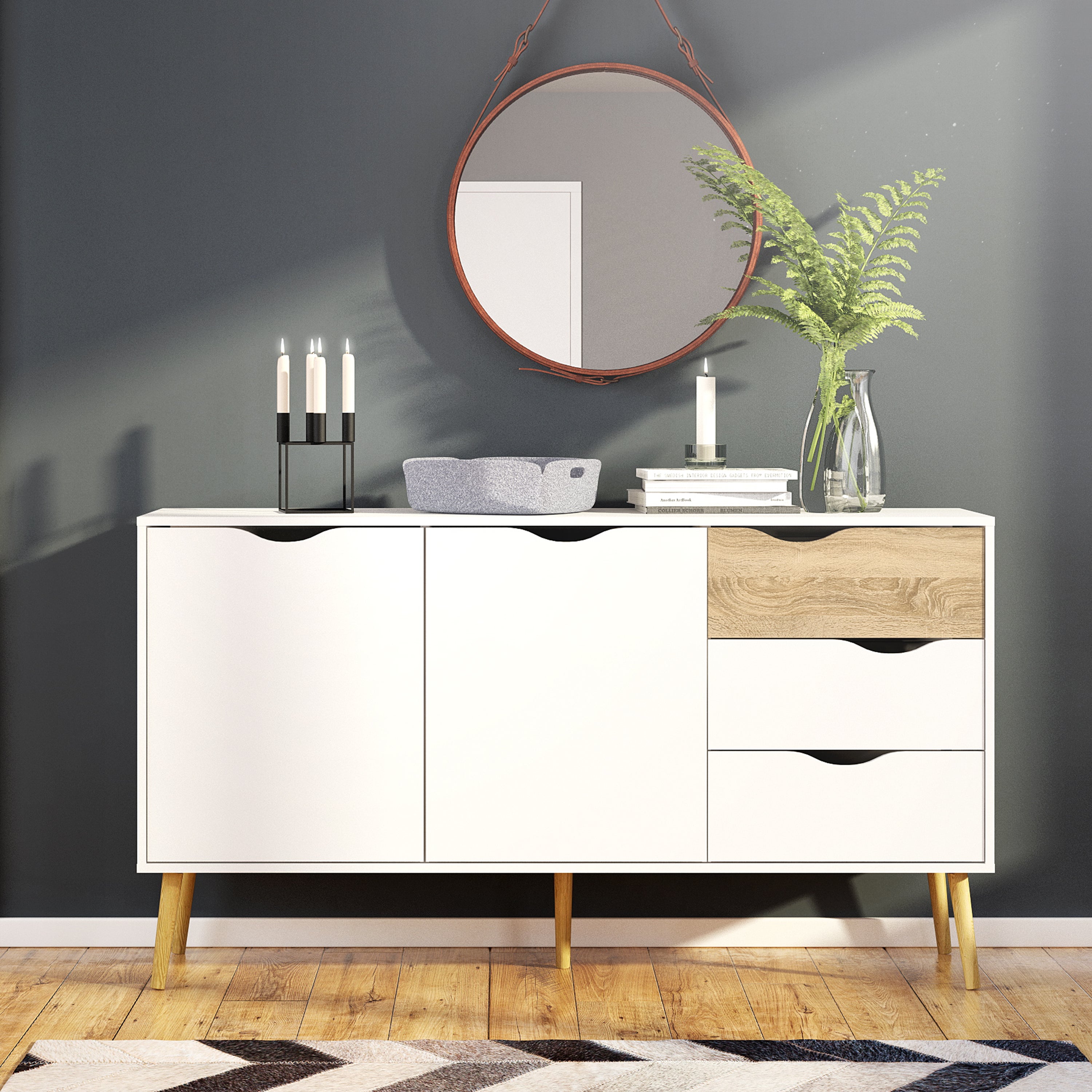 Oakley Sideboard Large 3 Drawers 2 Doors in White and Oak