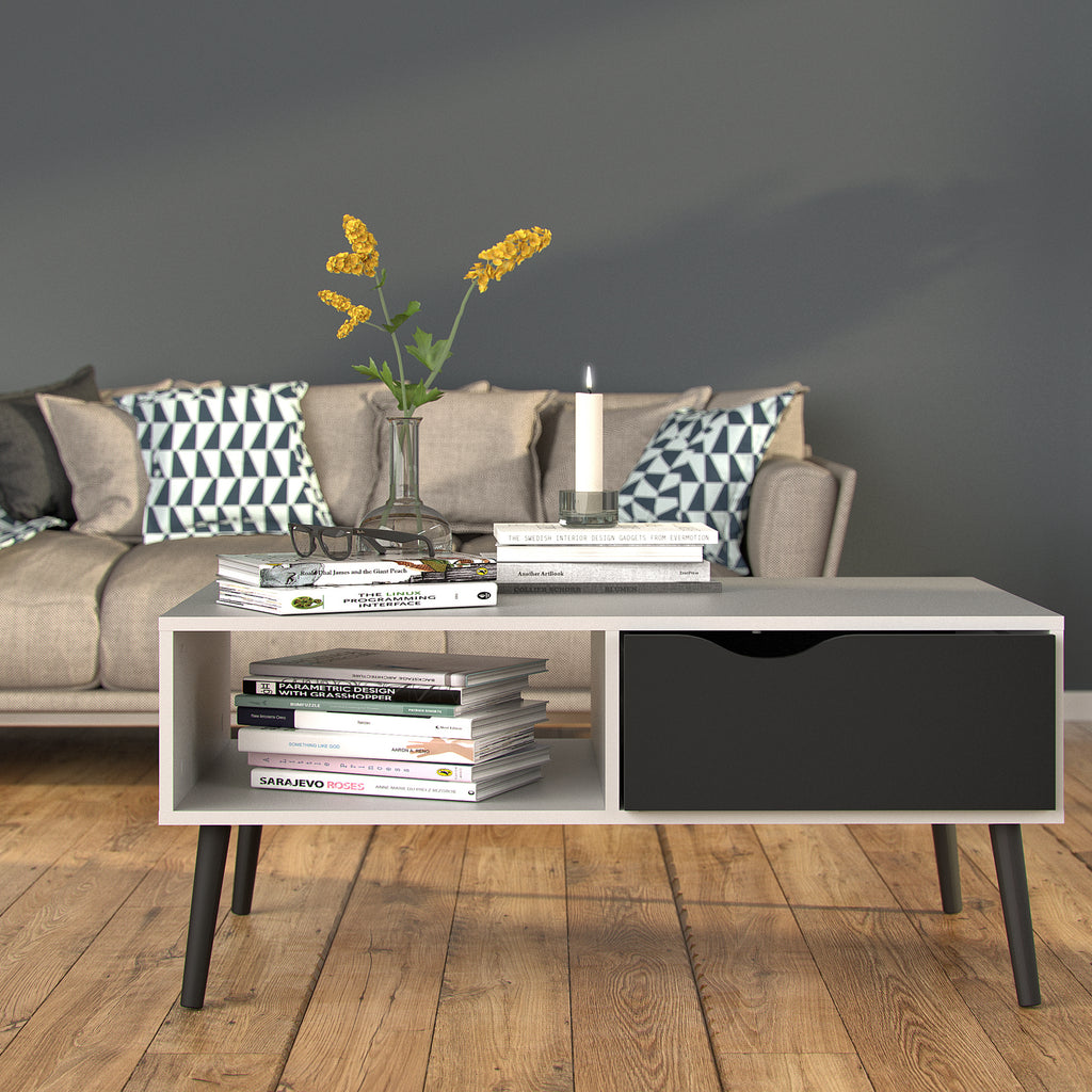 Oakley Coffee Table with 1 Drawer/ 1 Shelf in White and Black Matt