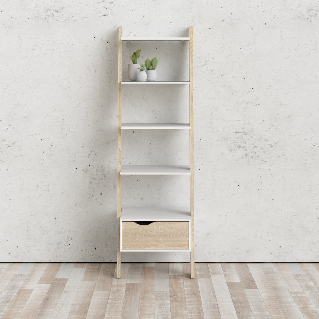 Oakley Leaning Ladder Bookcase 1 Drawer in White and Oak