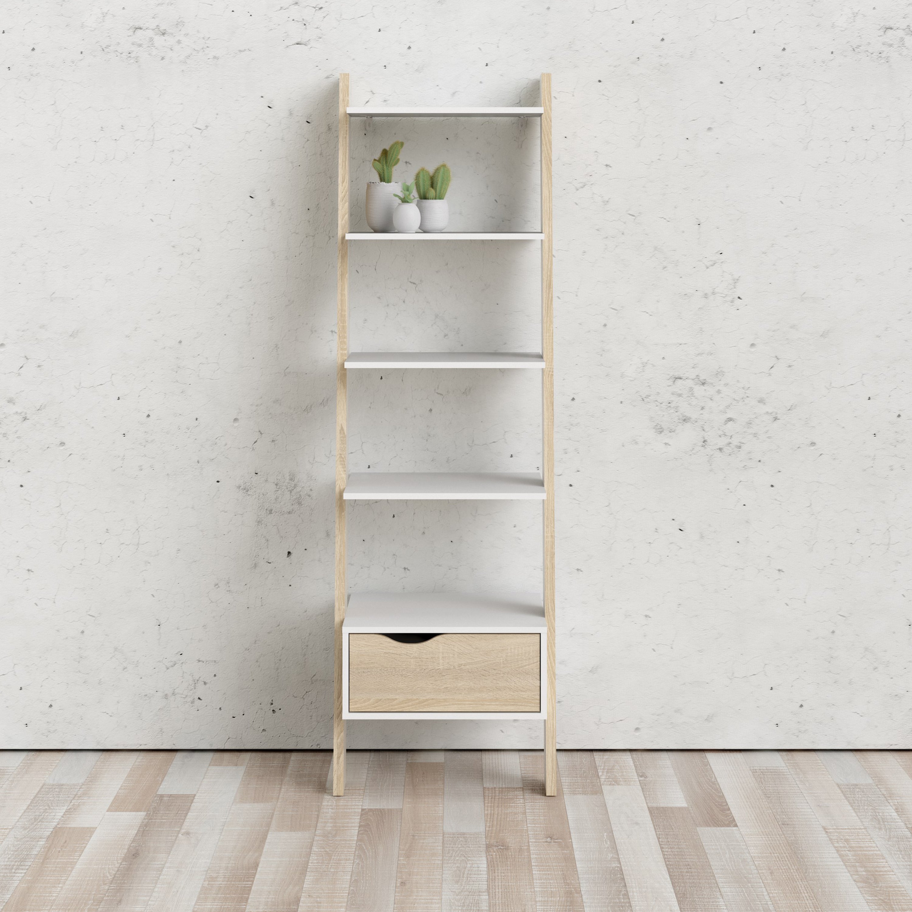 Oakley Leaning Ladder Bookcase 1 Drawer in White and Oak