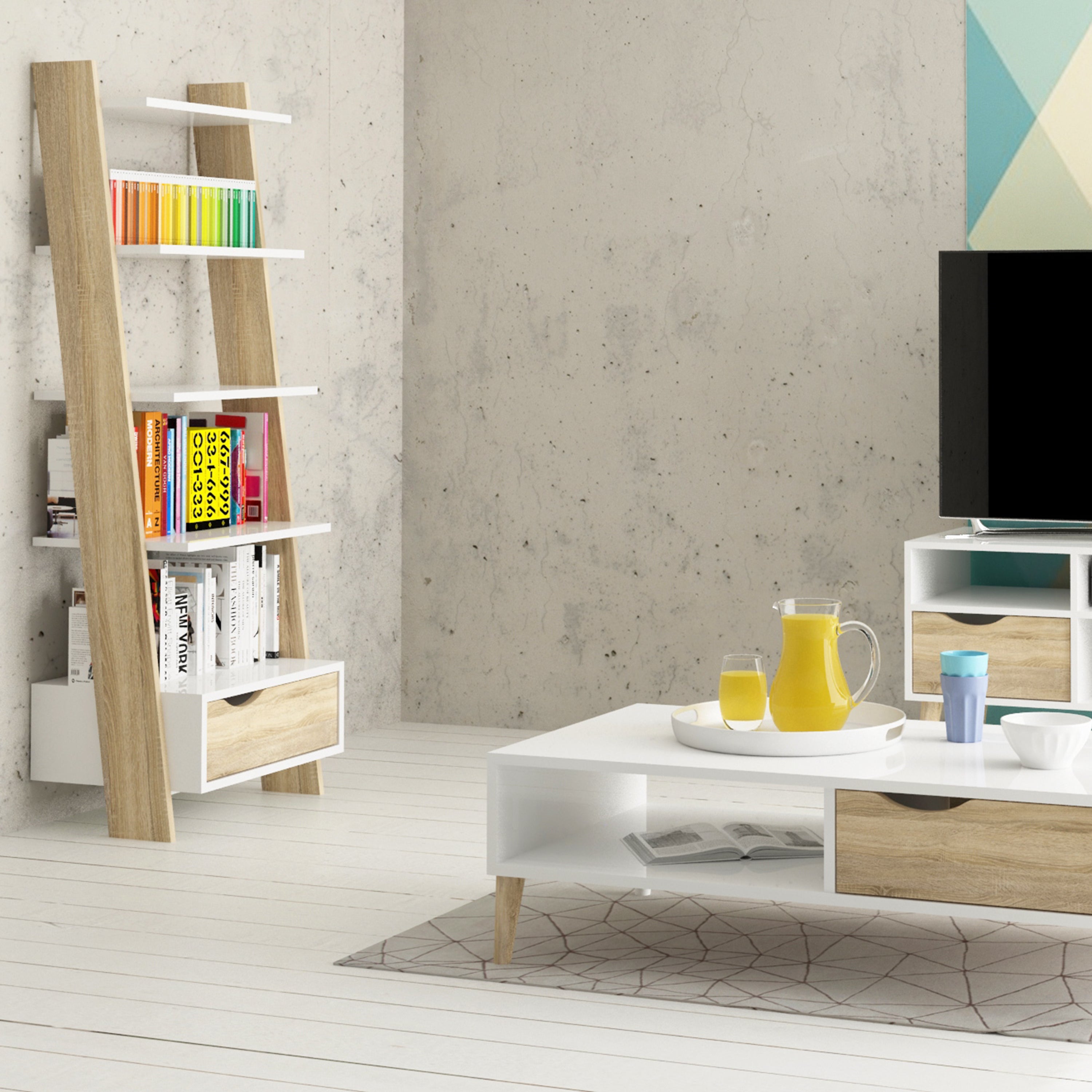 Oakley Leaning Ladder Bookcase 1 Drawer in White and Oak