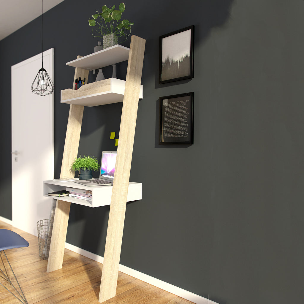 Oakley Leaning Ladder Desk in White and Oak