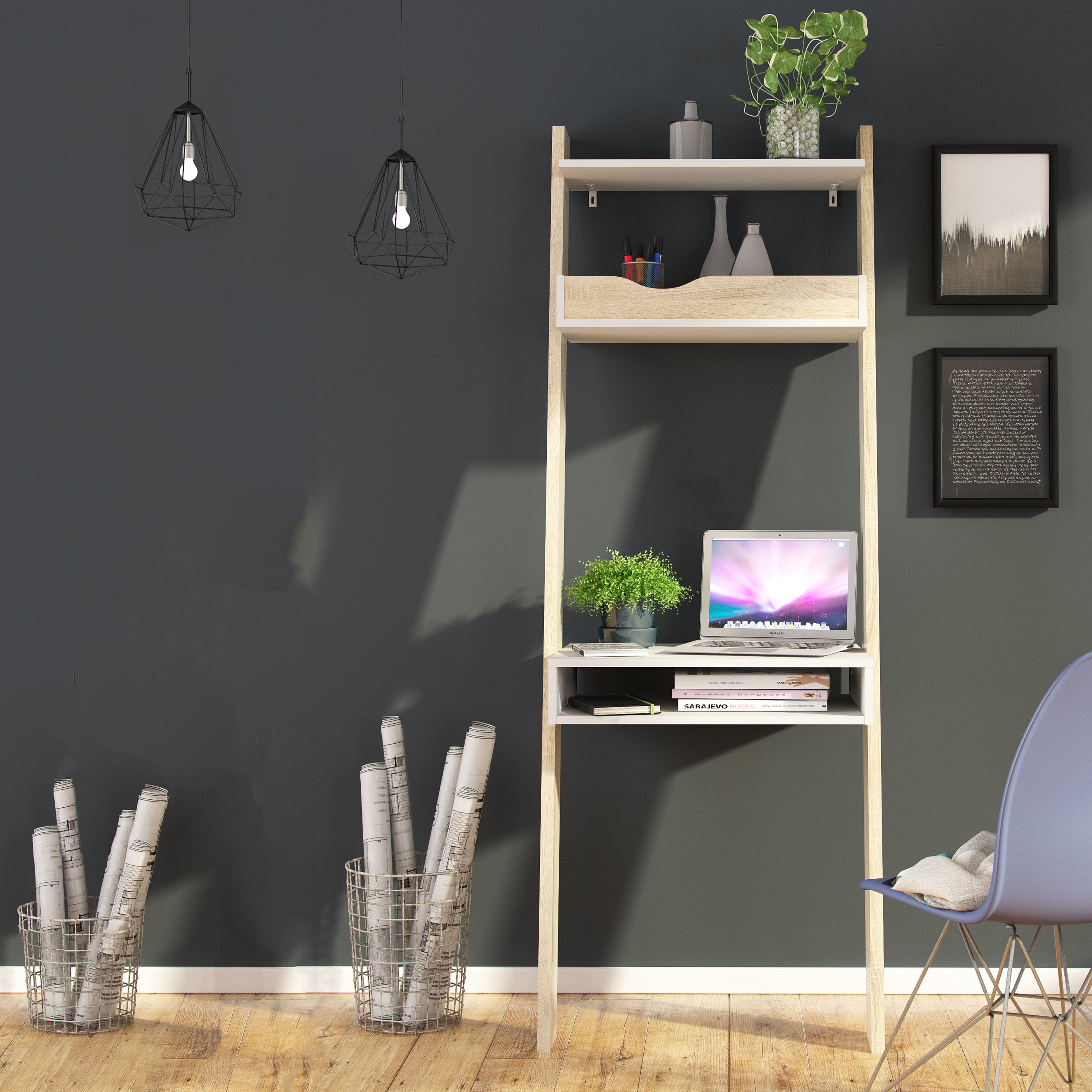 Oakley Leaning Ladder Desk in White and Oak