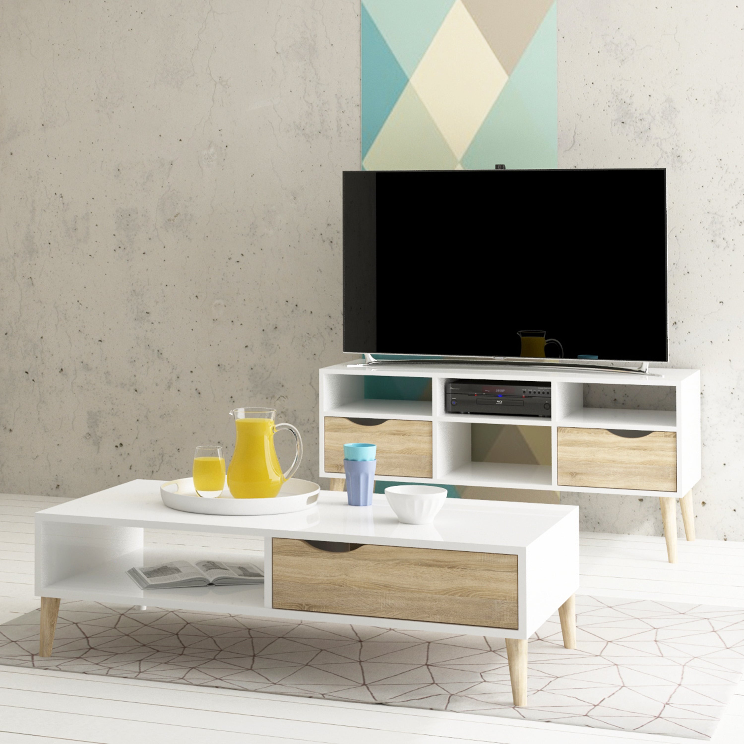 Oakley TV Unit Wide 2 Drawers 4 Shelves in White and Oak