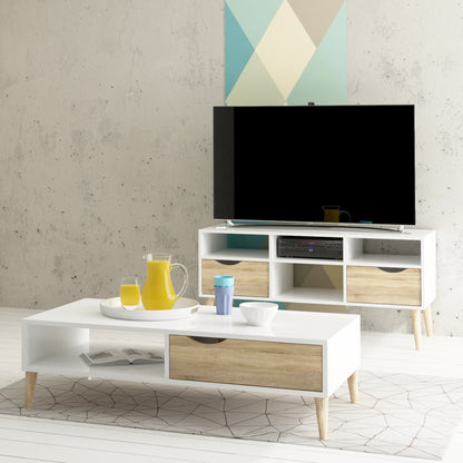 Oakley TV Unit Wide 2 Drawers 4 Shelves in White and Oak