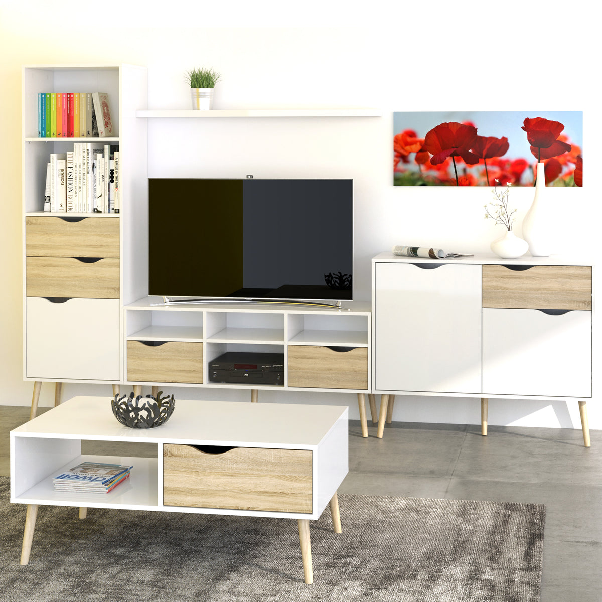 Oakley TV Unit Wide 2 Drawers 4 Shelves in White and Oak