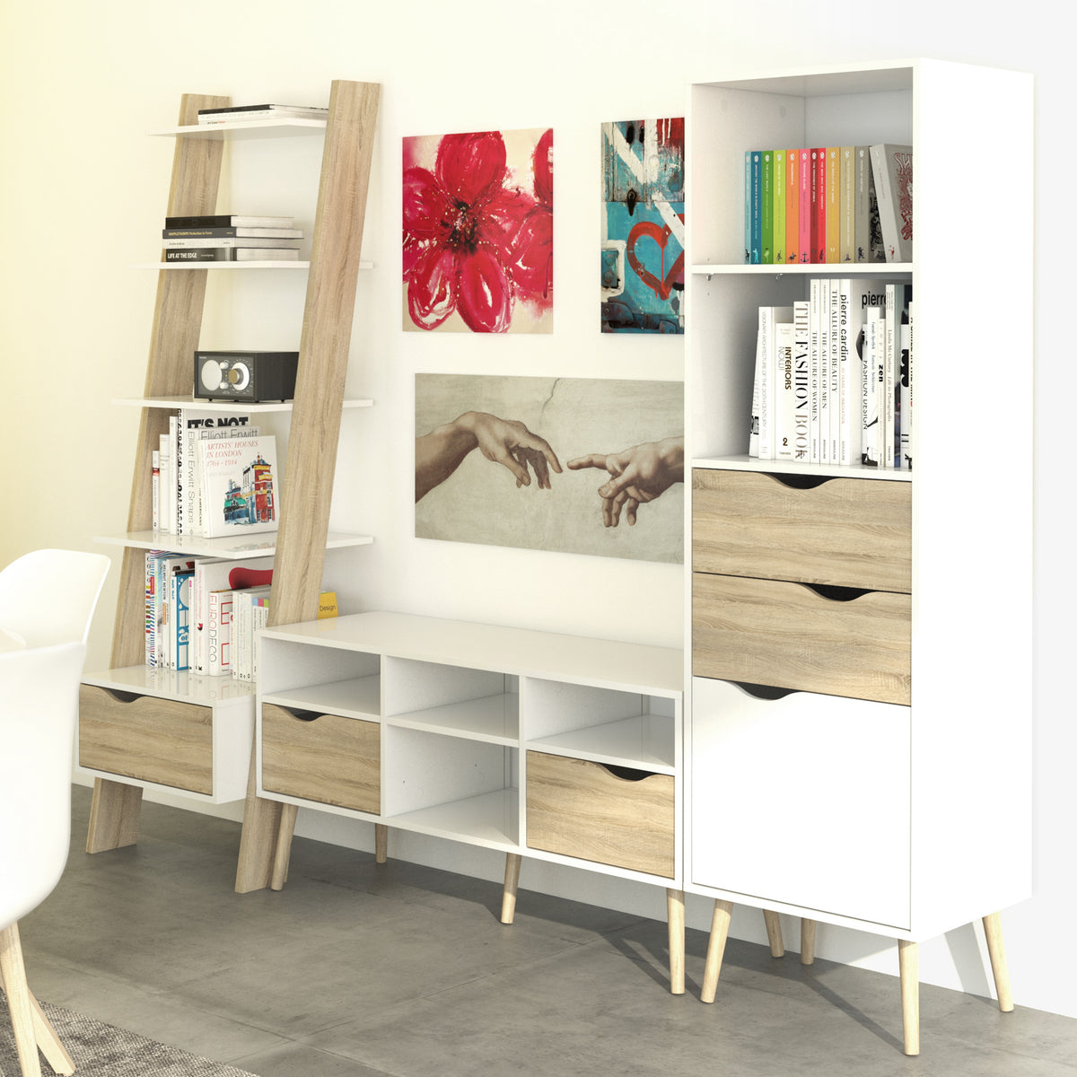 Oakley TV Unit Wide 2 Drawers 4 Shelves in White and Oak