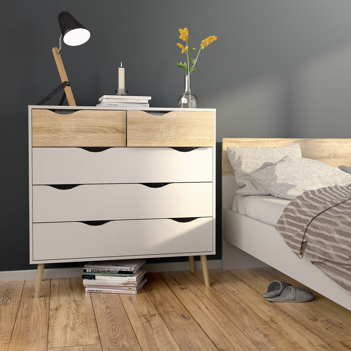 Oakley 3+2 Chest of Drawers in White and Oak