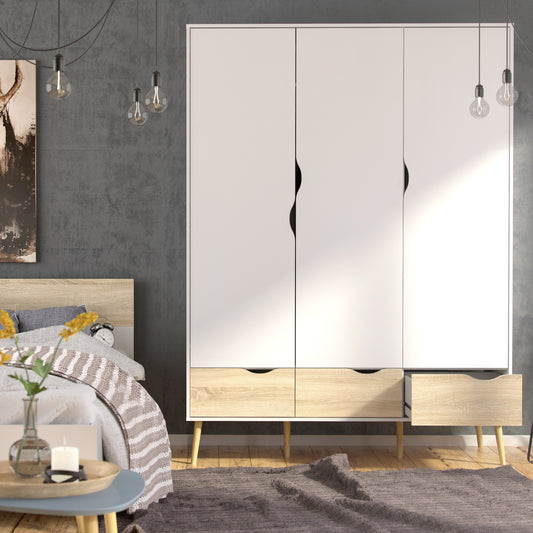Oakley Wardrobe 3 Doors 3 Drawers in White and Oak