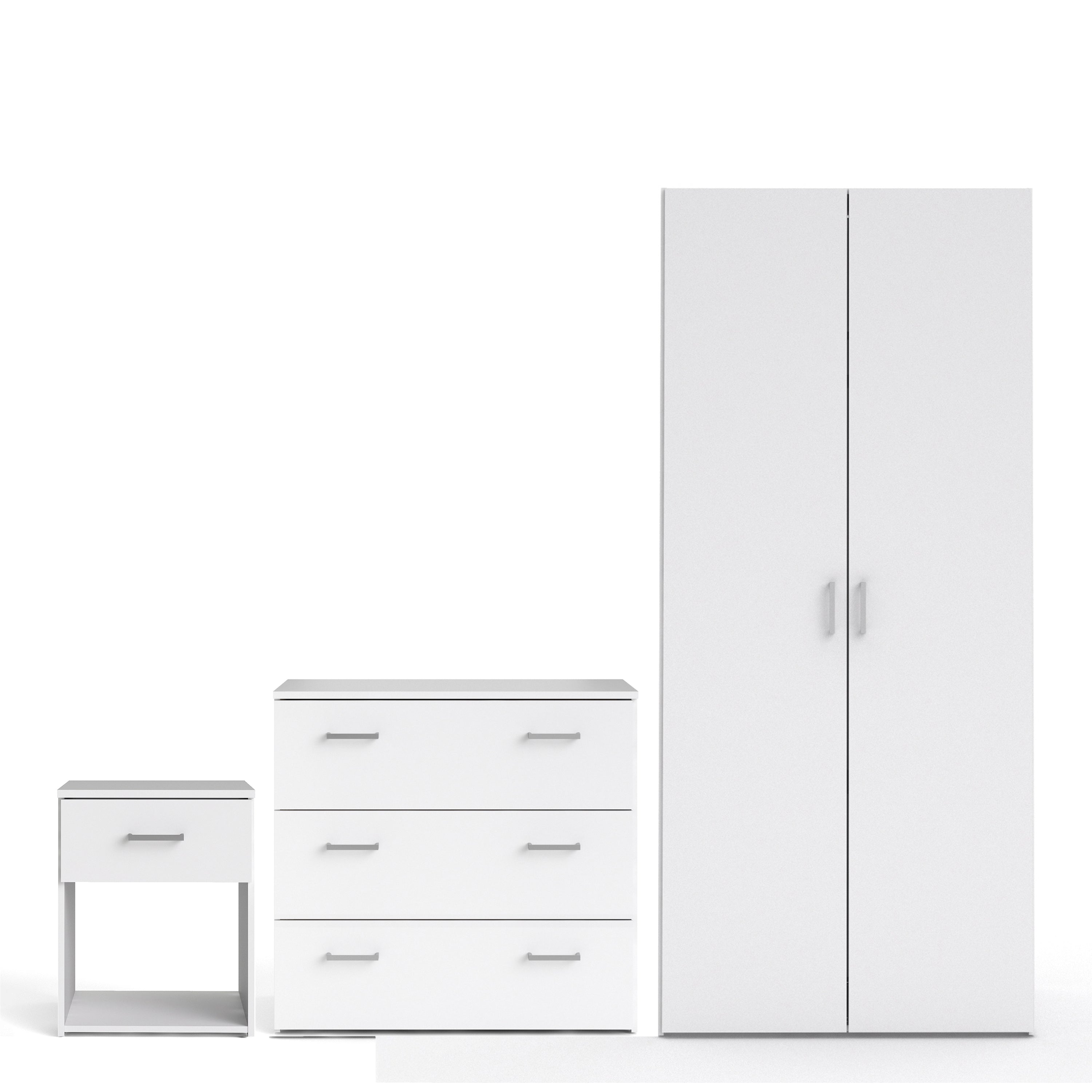 Jupiter Bedroom Set - Bedside 1 Drawer + Chest of 3 Drawers + Wardrobe with 2 Doors in White