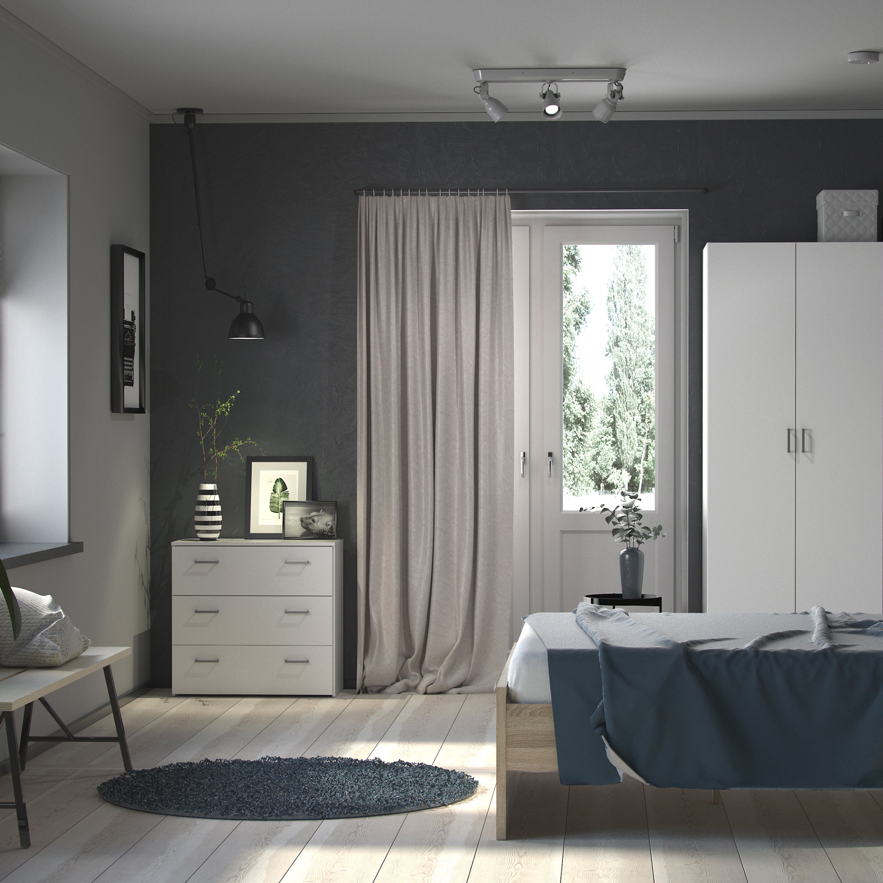 Jupiter Bedroom Set - Bedside 1 Drawer + Chest of 3 Drawers + Wardrobe with 2 Doors in White