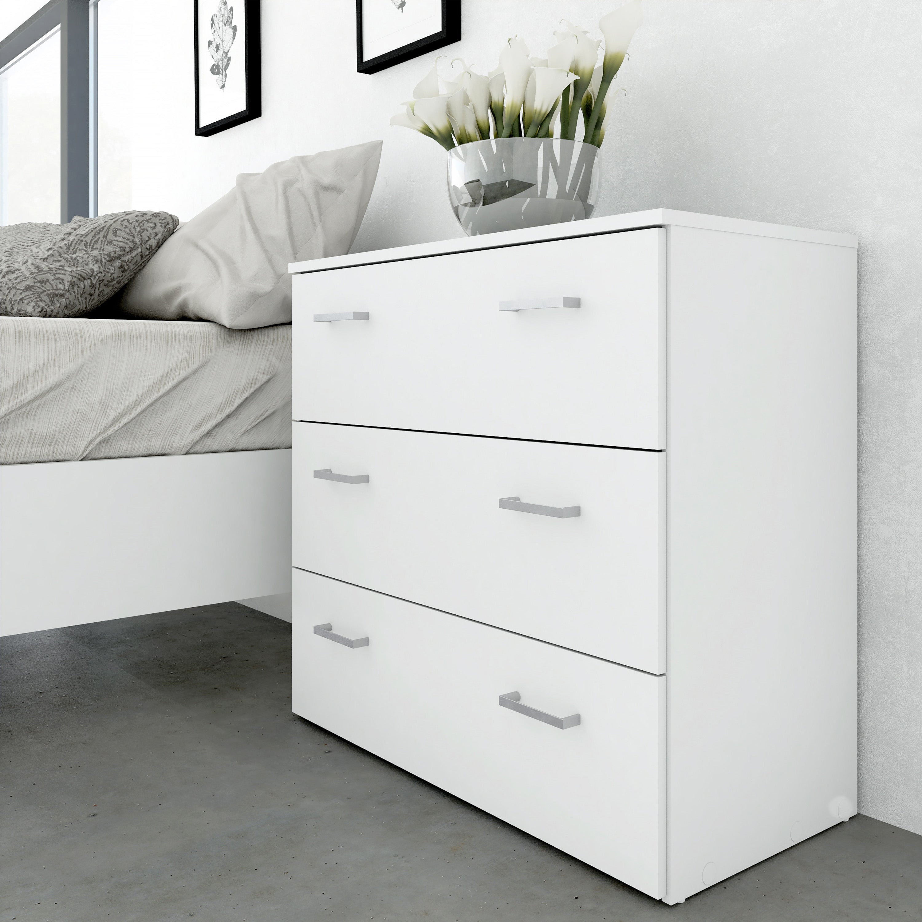 Jupiter Bedroom Set - Bedside 1 Drawer + Chest of 3 Drawers + Wardrobe with 2 Doors in White