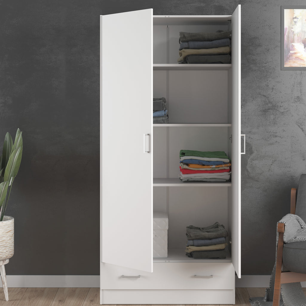 Jupiter Wardrobe with 2 Doors + 1 Drawer in White 1750