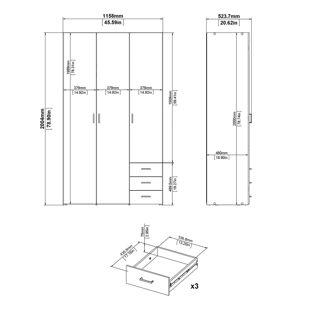 Jupiter Wardrobe 3 Doors 3 Drawers in White 2000