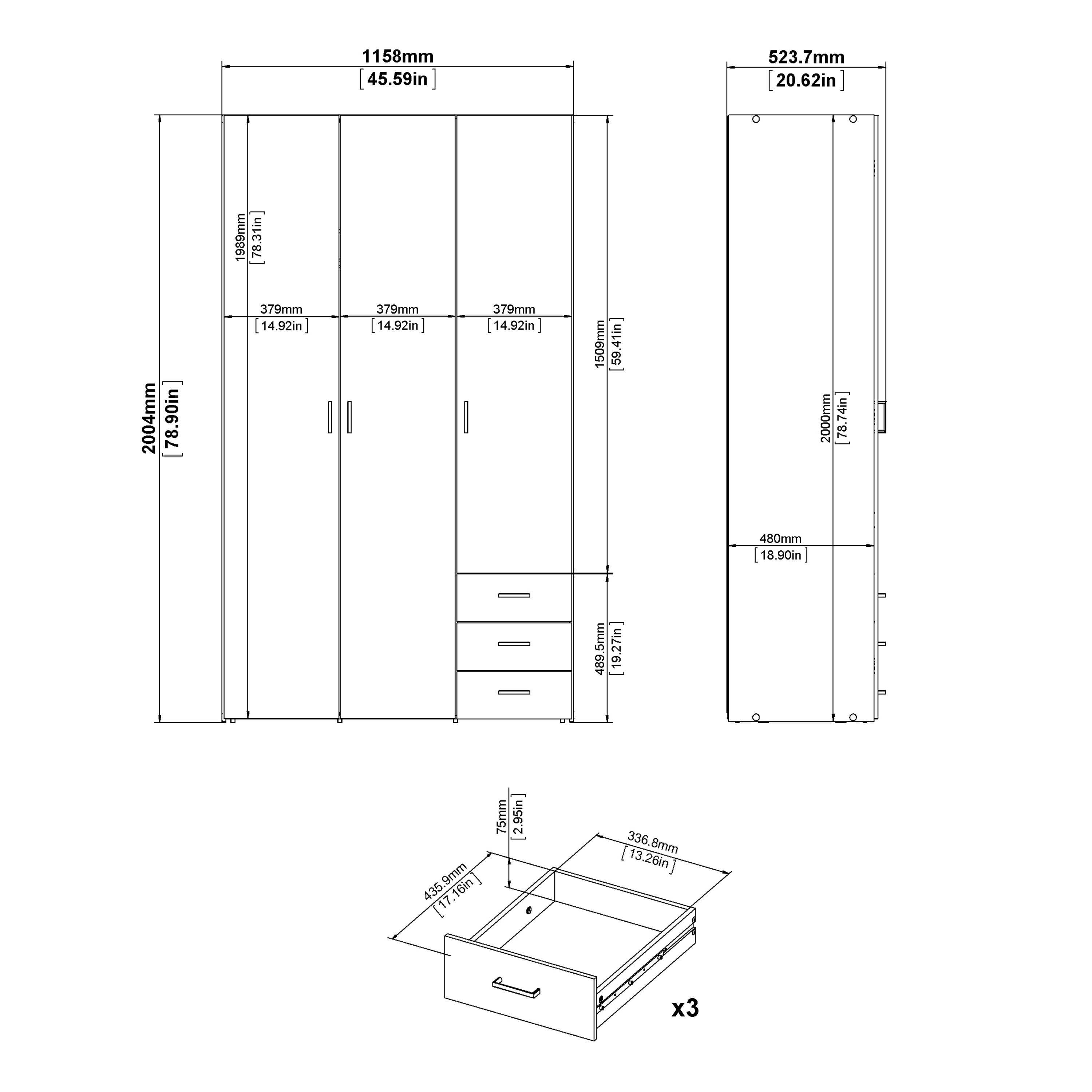 Jupiter Wardrobe 3 Doors 3 Drawers in White 2000