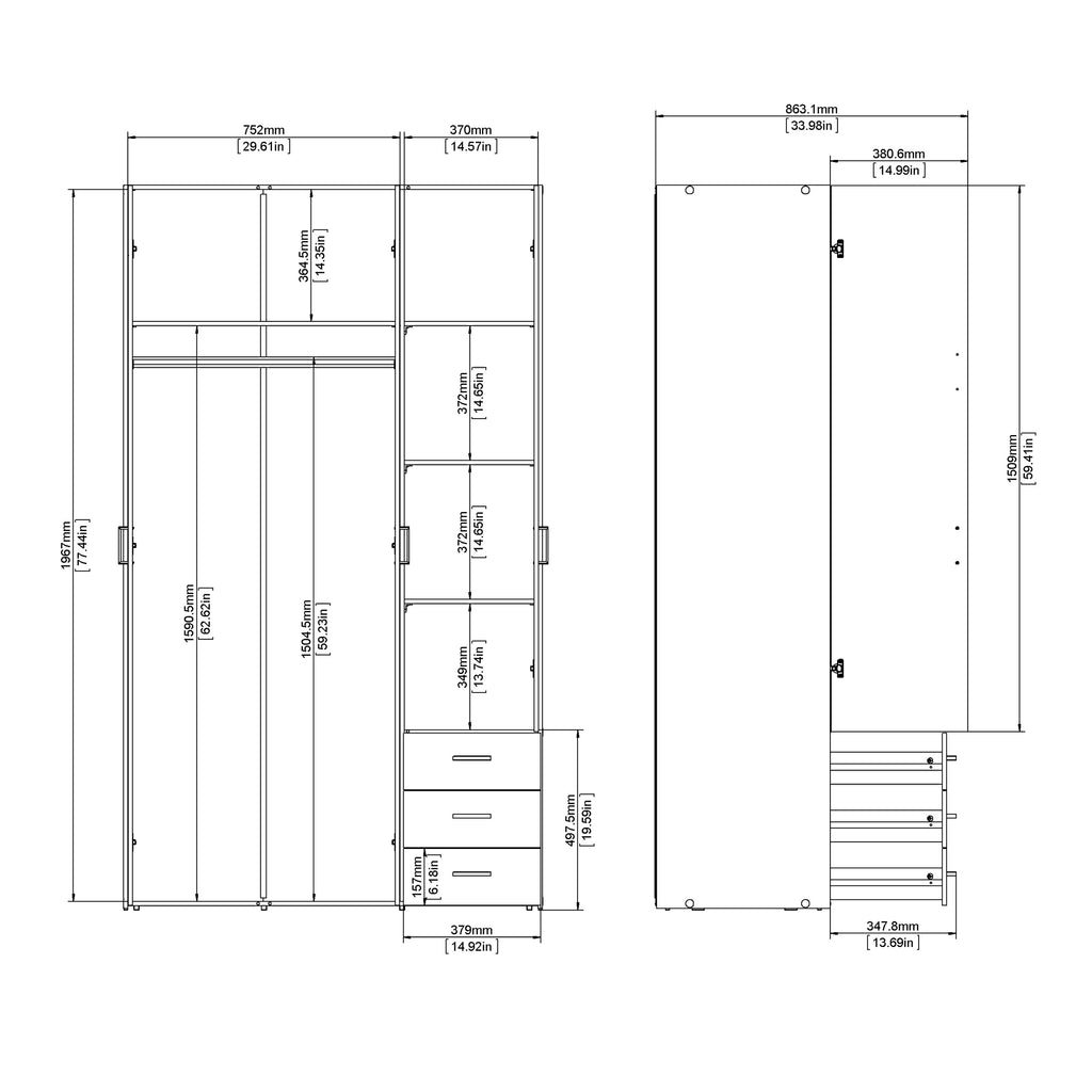Jupiter Wardrobe 3 Doors 3 Drawers in White 2000