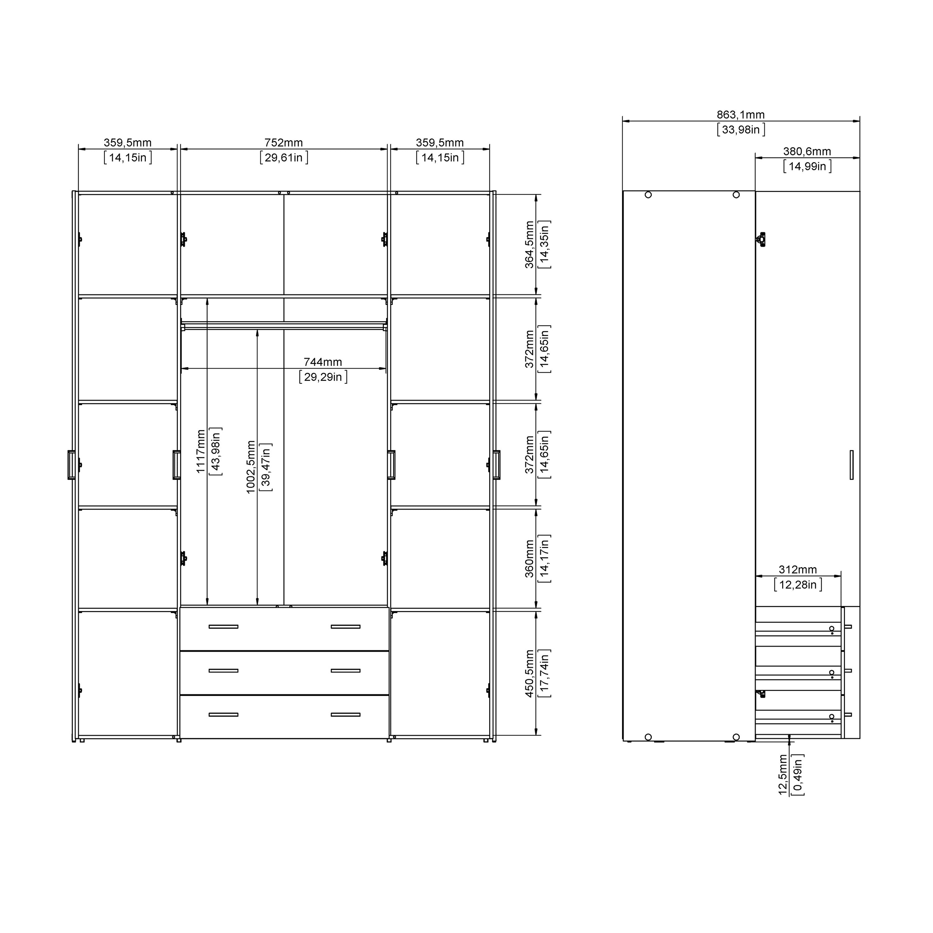 Jupiter Wardrobe 4 Doors 3 Drawers in White 2000