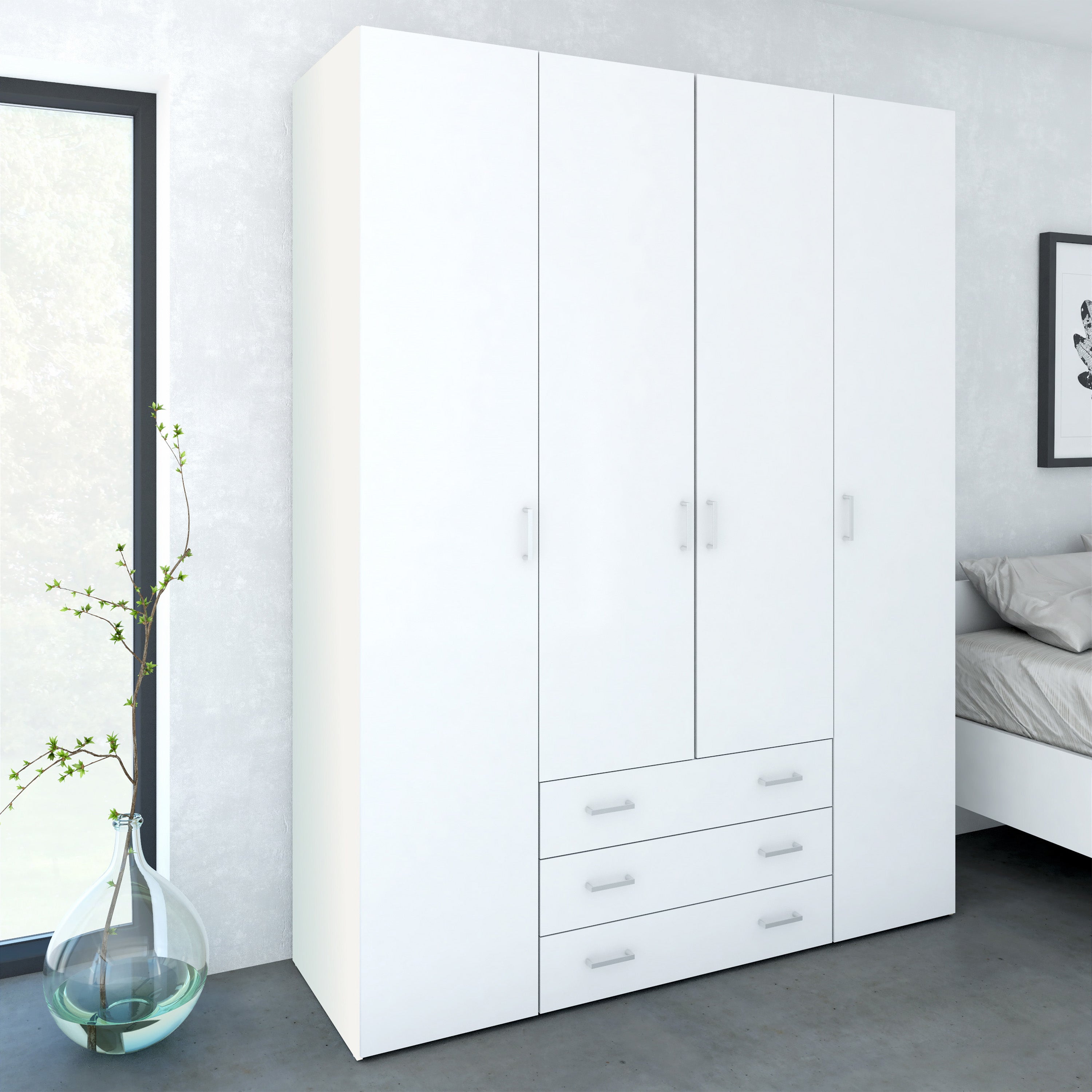 Jupiter Wardrobe 4 Doors 3 Drawers in White 2000