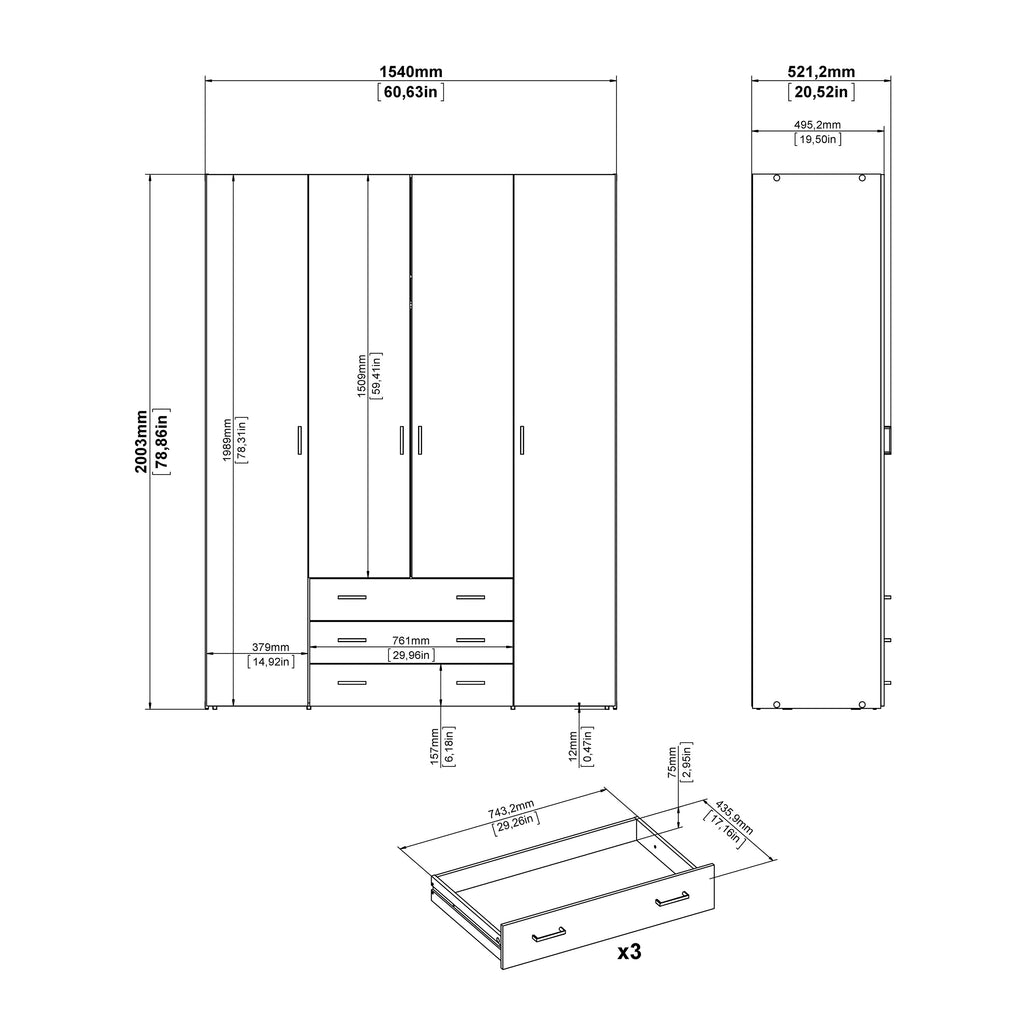 Jupiter Wardrobe 4 Doors 3 Drawers in White 2000