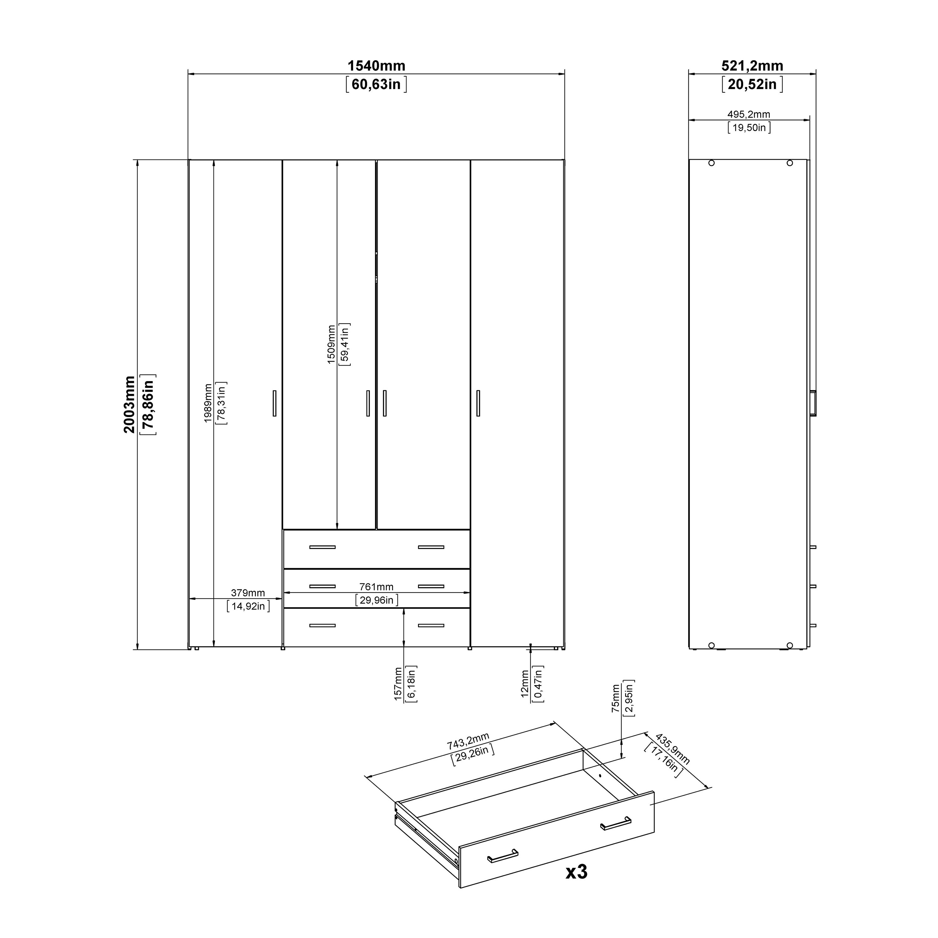Jupiter Wardrobe 4 Doors 3 Drawers in White 2000